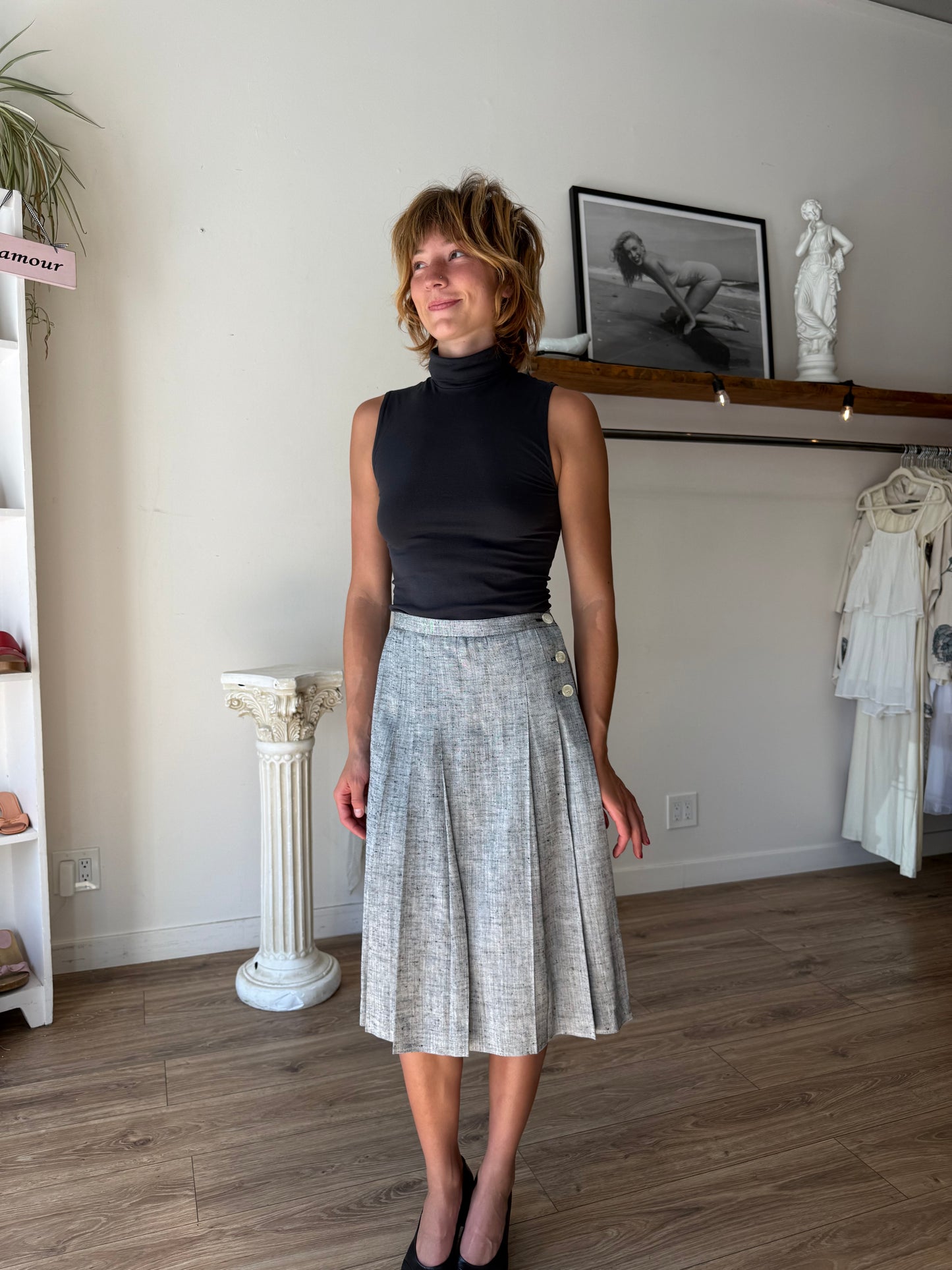 light gray pleated midi skirt