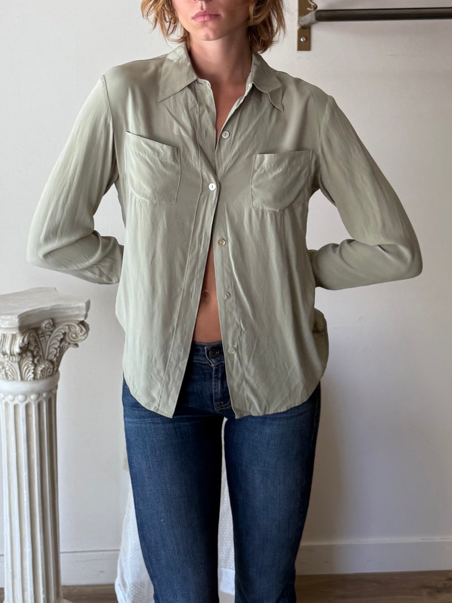 Express silk stretch sage blouse