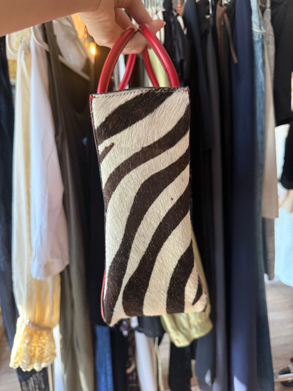 Vintage Red Leather & Zebra Print Structured handbag