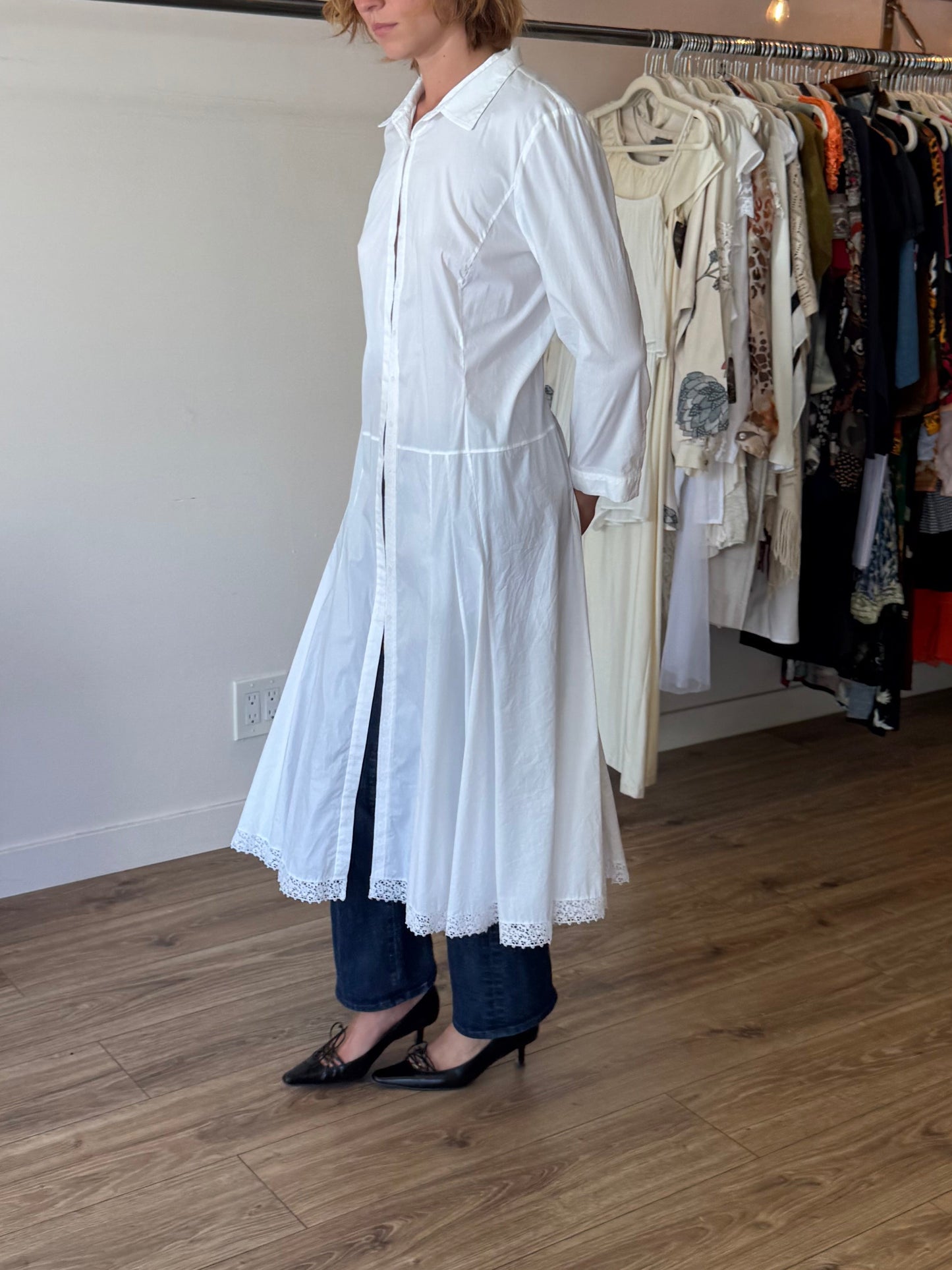 White cotton lace shirt dress