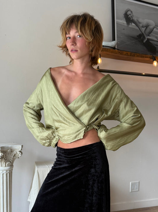 Silk olive wrap blouse M