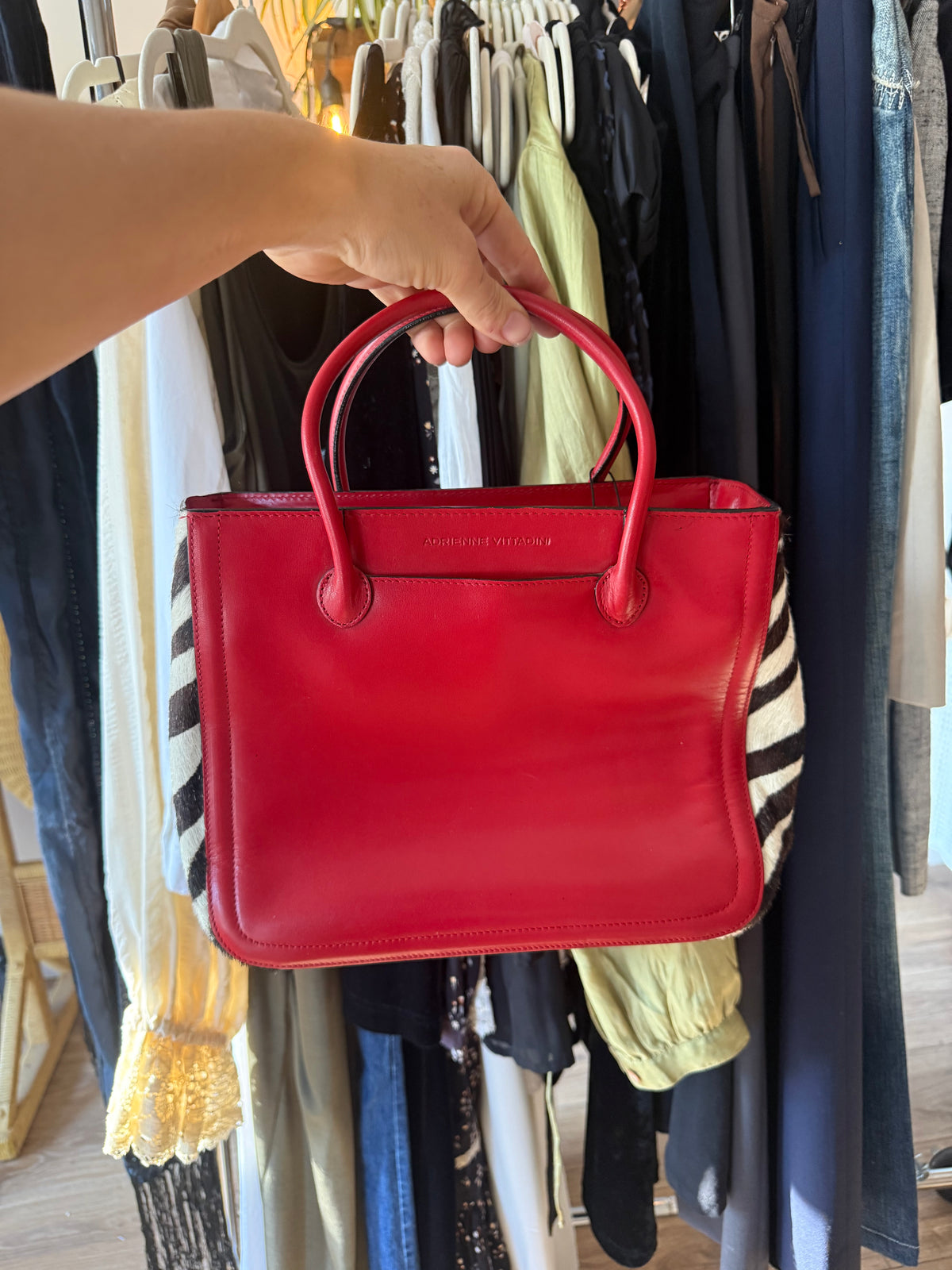 Vintage Red Leather & Zebra Print Structured handbag