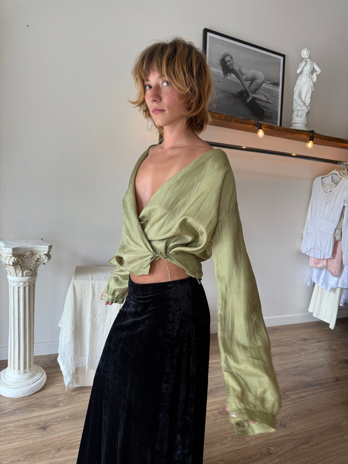 Silk olive wrap blouse M