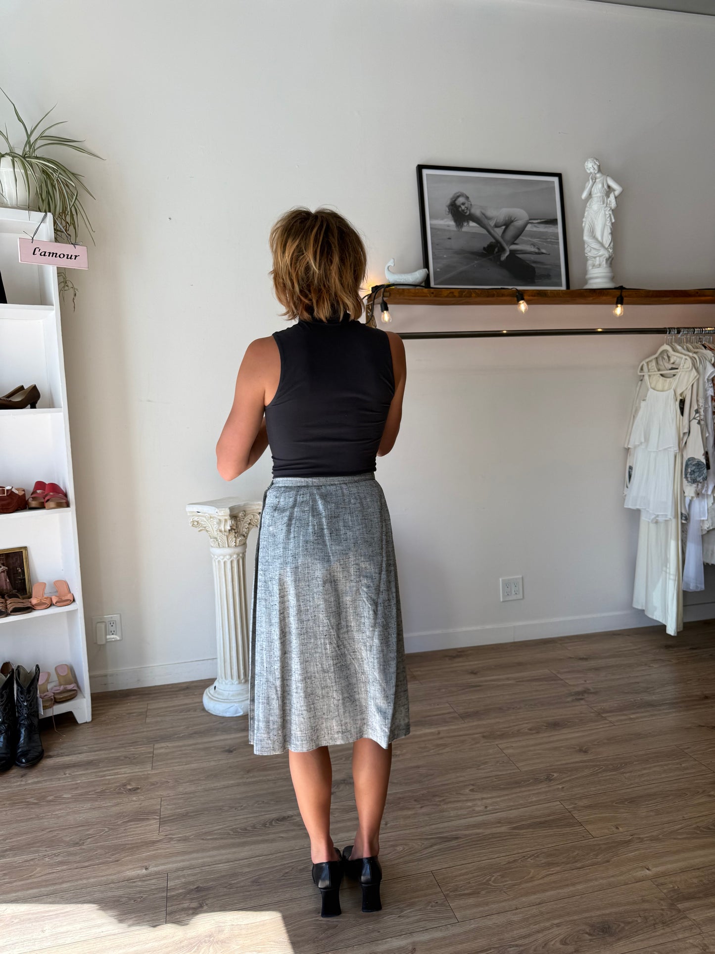 light gray pleated midi skirt