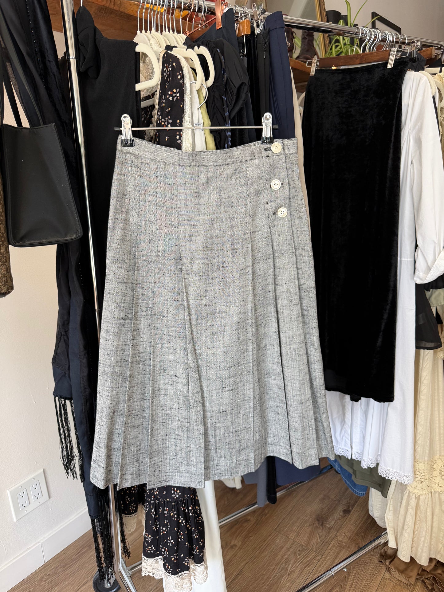 light gray pleated midi skirt