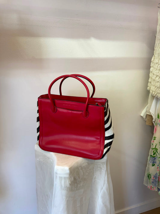 Vintage Red Leather & Zebra Print Structured handbag